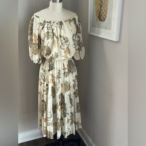 VINTAGE 70s neutral summer sundress cream tan peasant floral boho dress